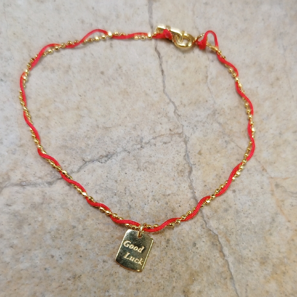 Gold Over 925 Sterling Silver and Red String Good Luck Vermeil Bracelet
